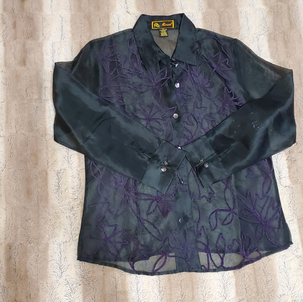 MIRASOL BLACK & PURPLE SHEER LONG SLEEVE TOP..SZ‎ M